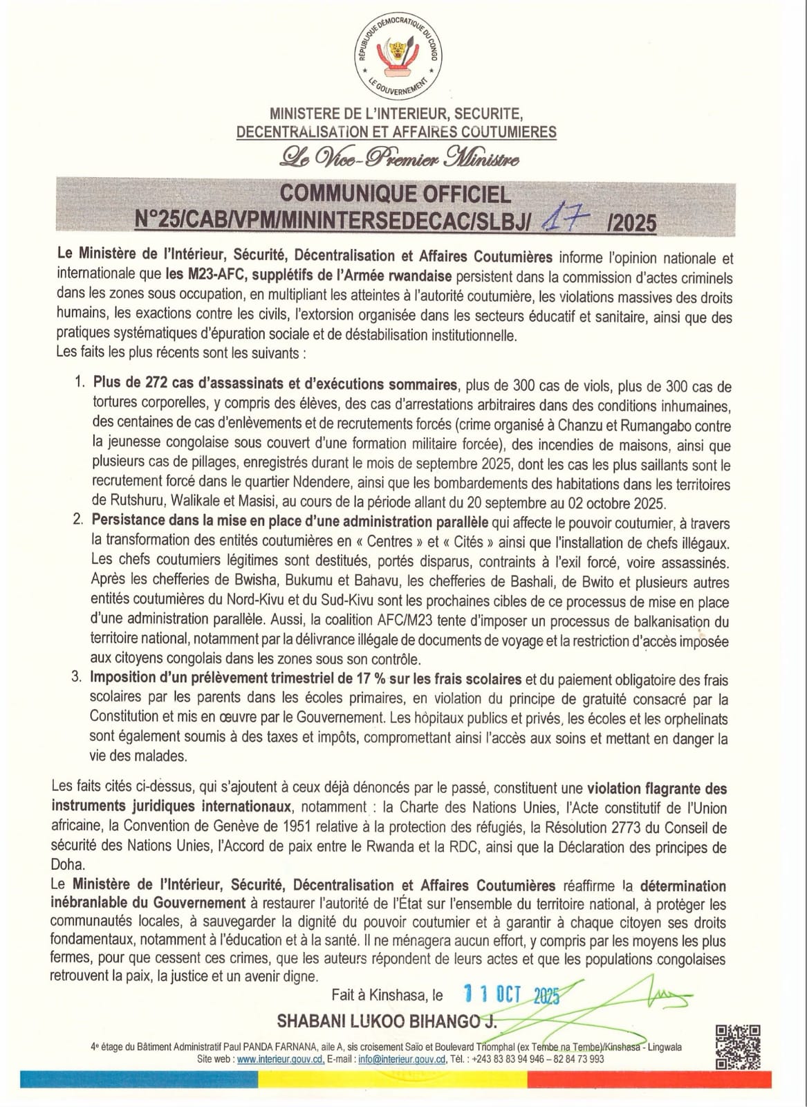 RDC : Le gouvernement dénonce de graves exactions du M23-AFC dans l’Est du pays